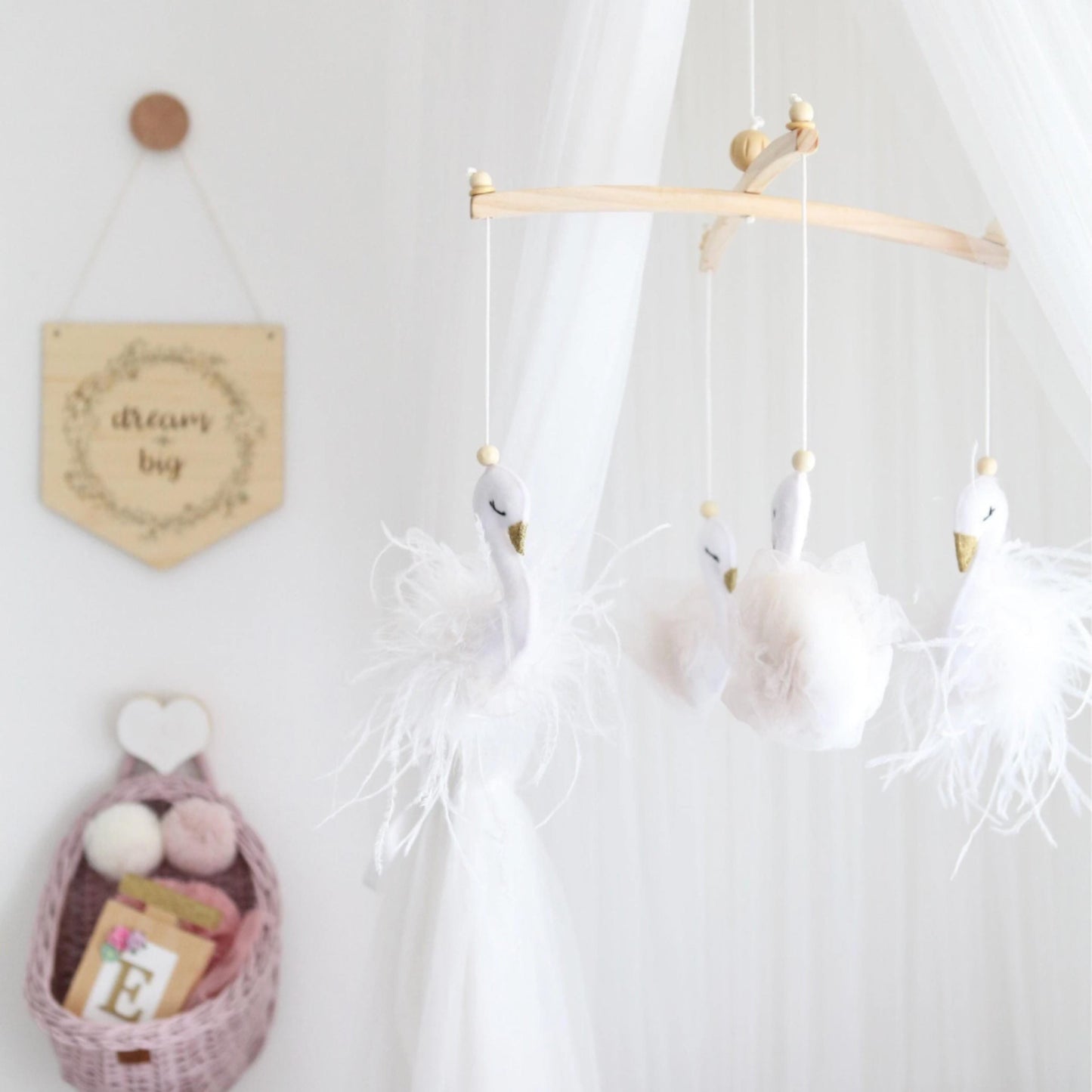 White Swan Mobile in Tulle & Feathers