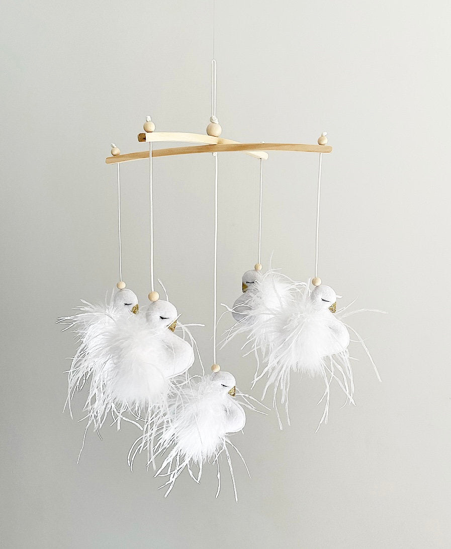 White Swan Mobile in Tulle & Feathers